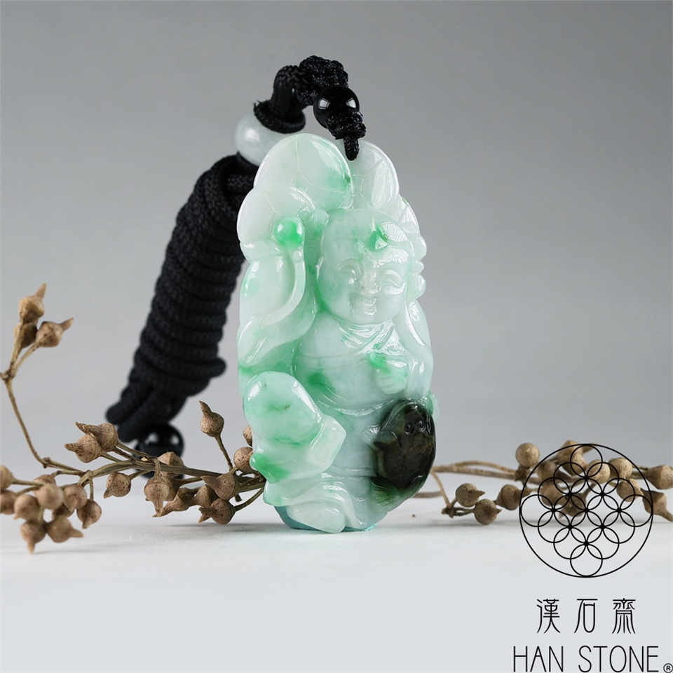 漢石齋】天然翡翠A貨善財童子玉珮吊墜飄花種帶辣綠(29*53*10mm)|其他
