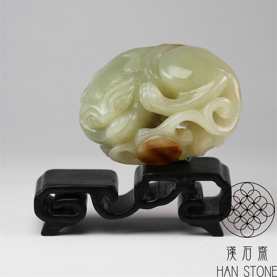 漢石齋】天然和田玉瑞獸來財玉珮手把件青白玉帶糖(62*47*33mm)|其他
