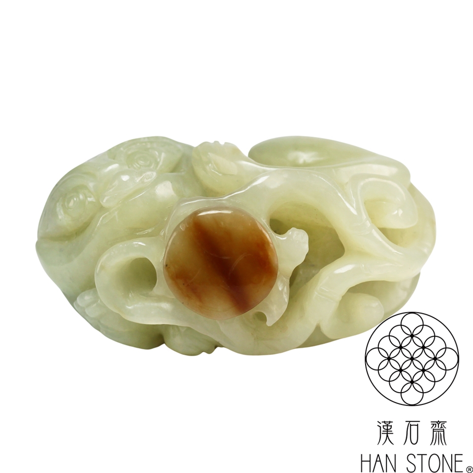 漢石齋】天然和田玉瑞獸來財玉珮手把件青白玉帶糖(62*47*33mm)|其他