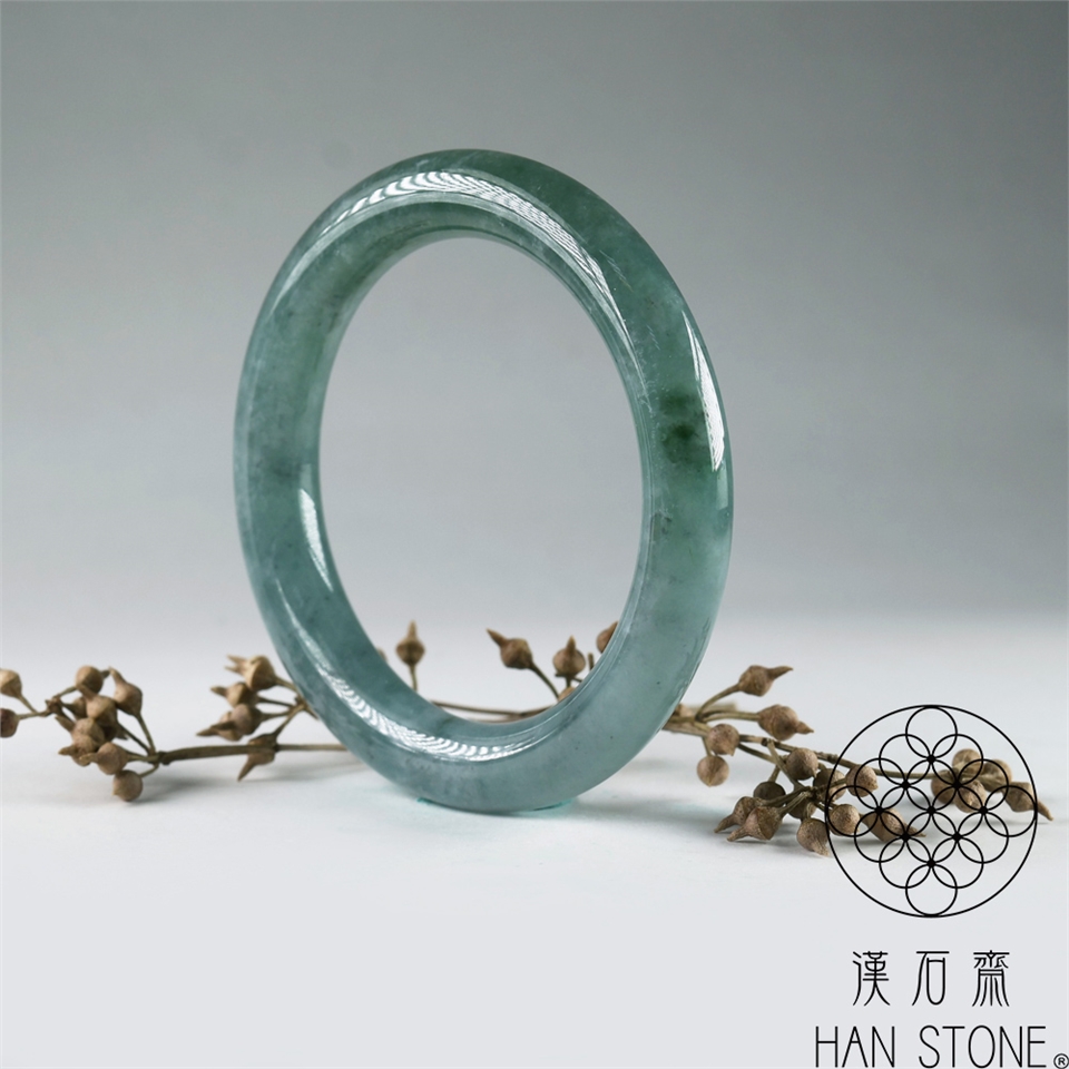 漢石齋】天然翡翠A貨圓條手鐲玉鐲冰糯種藍水帶黃翡(手圍16.2/ 版寬9.1
