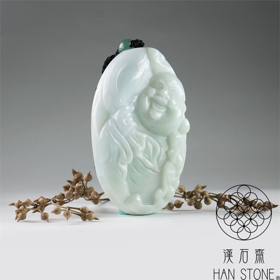 漢石齋】天然翡翠A貨大彌勒佛玉佩吊墜淺色飄花種(42*69*12mm)|彌勒佛