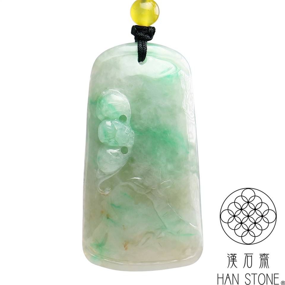 漢石齋】天然翡翠A貨竹節招蝠玉珮吊墜細糯種飄花帶辣綠(26*50*12mm