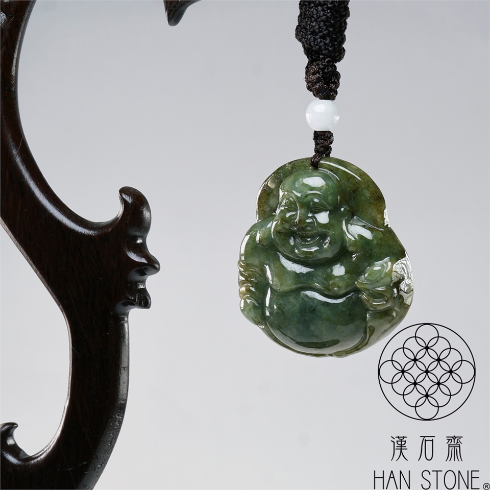 漢石齋】天然翡翠A貨彌勒佛玉佩吊墜飄花種帶黃翡(42*45*11mm)|彌勒佛
