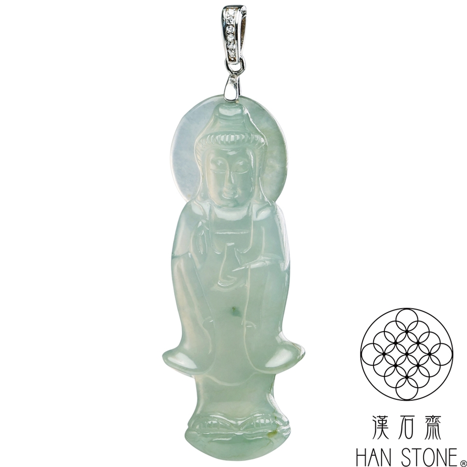 漢石齋】天然翡翠A貨觀音玉佩吊墜冰種飄花(18*47*6mm)|觀音|ETMall東森