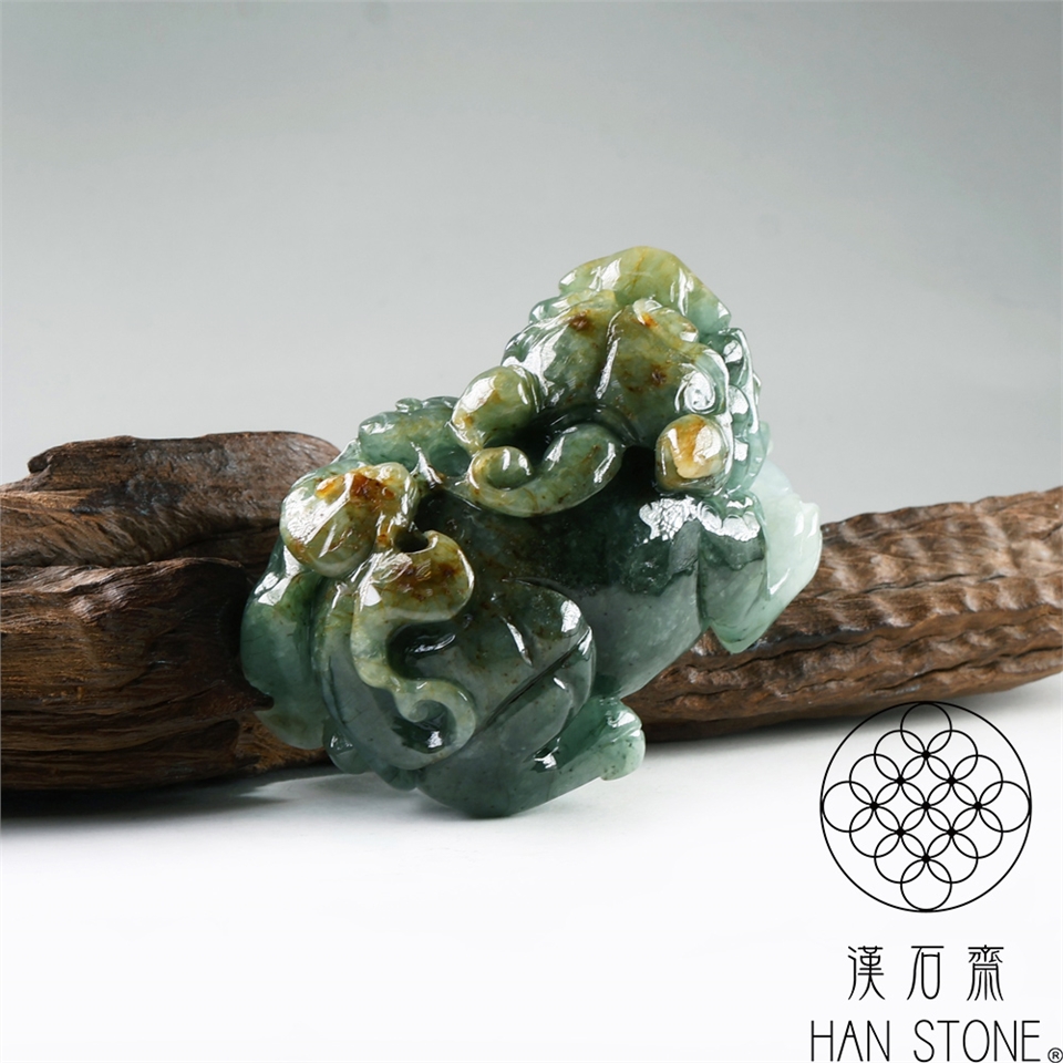 漢石齋】天然翡翠A貨大貔貅玉佩手把件飄花種(42*63*32mm)|擺件/把玩
