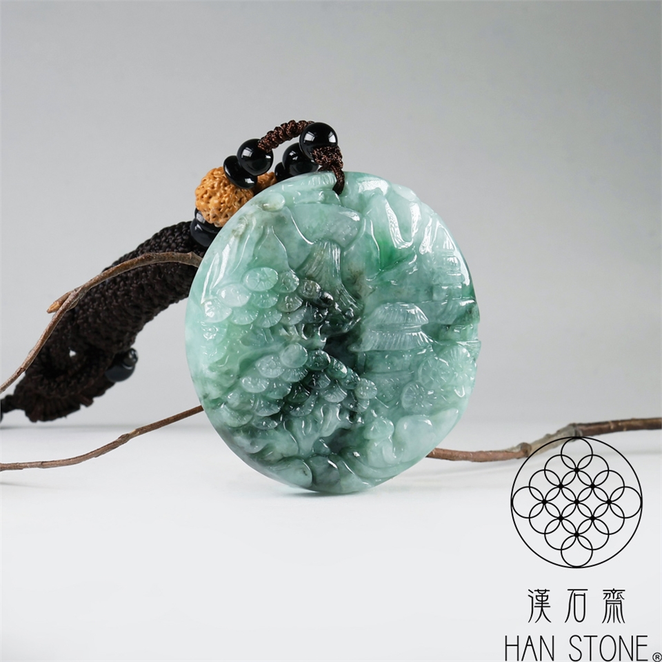 漢石齋】天然翡翠A貨山水玉佩吊墜細糯種飄花(52*51*10mm)|其他造型