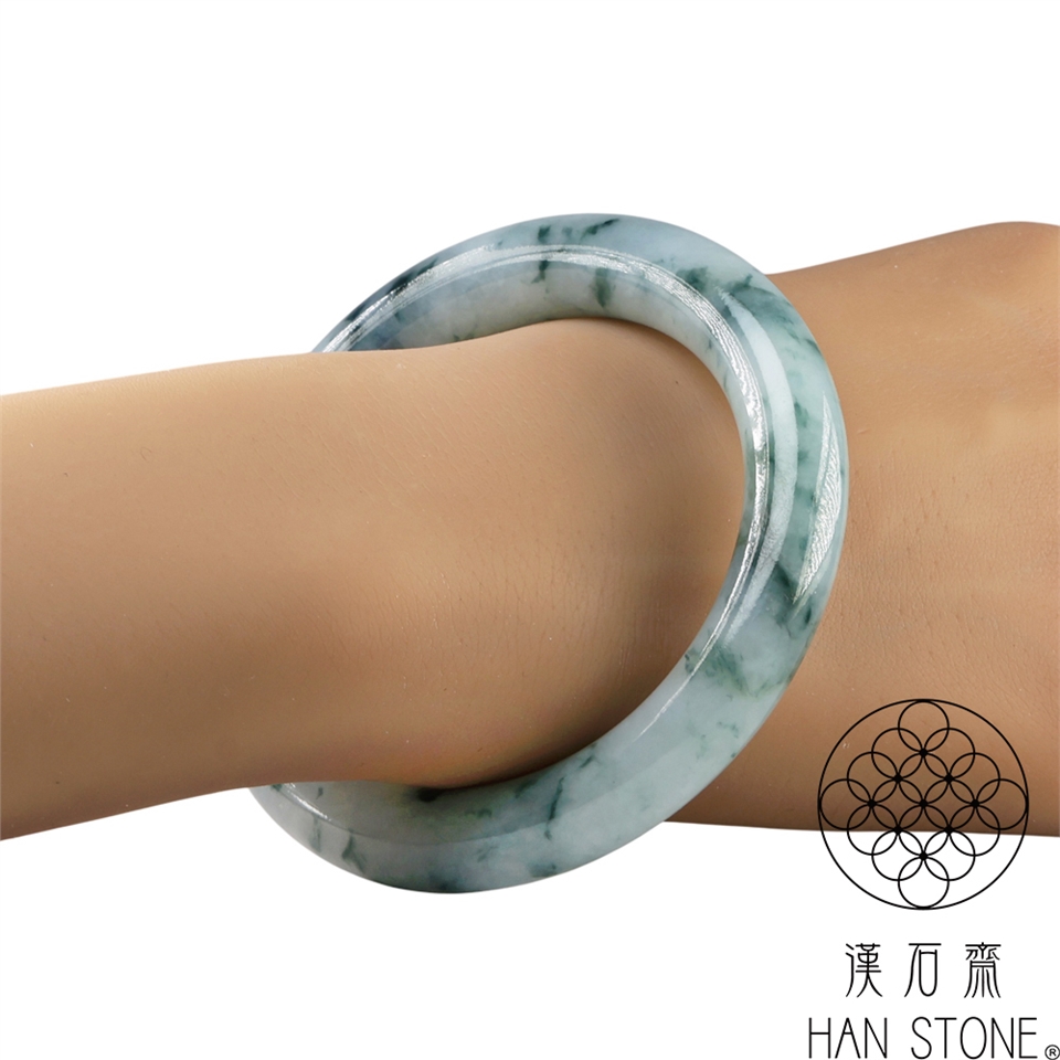 漢石齋】天然翡翠A貨圓條手鐲玉鐲冰糯種飄花(手圍17.7/ 版寬10.8mm)|17