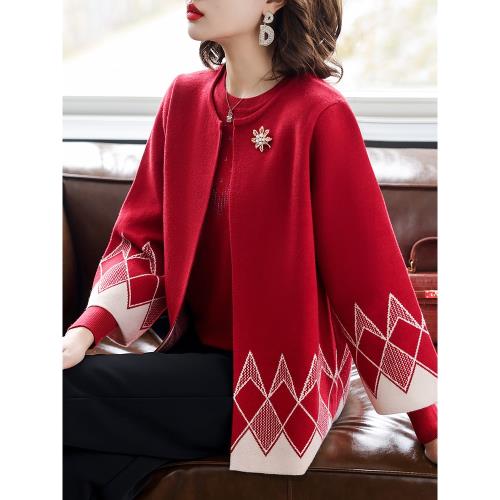 媽媽春秋洋氣針織外套時尚套裝喜婆婆婚宴禮服中老年人上衣兩件套