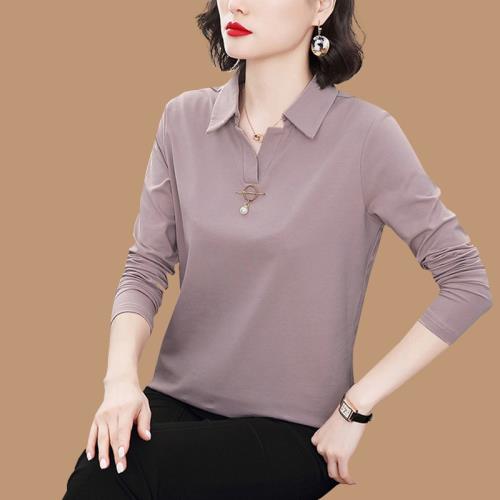 加大碼純棉長袖t恤女秋衣外穿中年媽媽翻領全棉中老年寬松有領t血