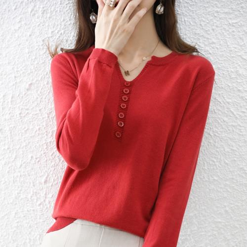 全棉線長袖打底針織衫女士V領套頭寬松短款純色百搭內搭純棉線女