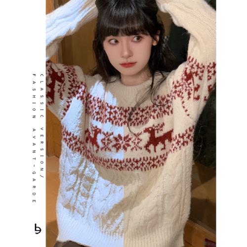 復古軟糯費爾島新年紅白色圣誕提花設計感毛衣女慵懶寬松針織上衣