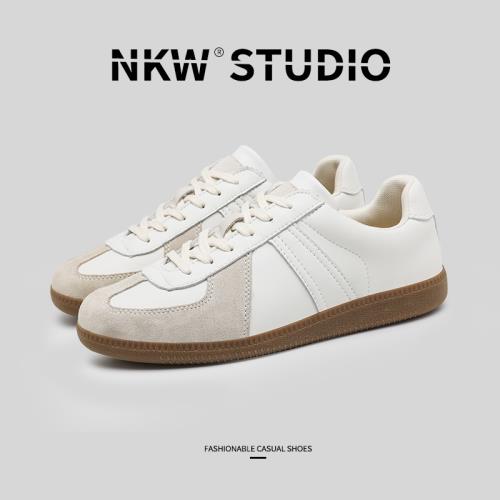 復古德訓鞋男夏季新款小白鞋潮流百搭透氣運動休閑真皮阿甘板鞋男