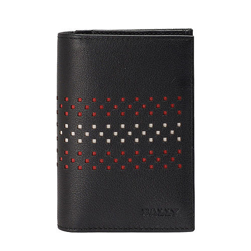 BALLY VIANSON經典簍空紅白條紋小牛皮萬用卡夾/短夾(黑)6184554001-BLK