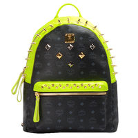 MCM STARK NEON SPIKE系列鉚釘飾邊塗層帆布拉鍊後背包(中-螢光綠X黑)4SVE46-BK001