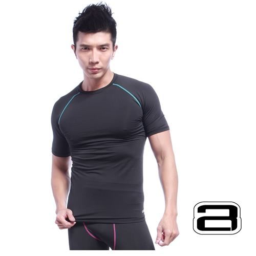A+吸濕快排機能慢跑衣-T恤(黑/淺藍色)