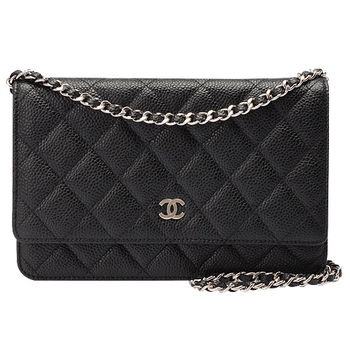 CHANEL 經典菱格小香 LOGO荔枝紋牛皮銀鍊手拿/斜背包(黑)33814C-BLK-RED