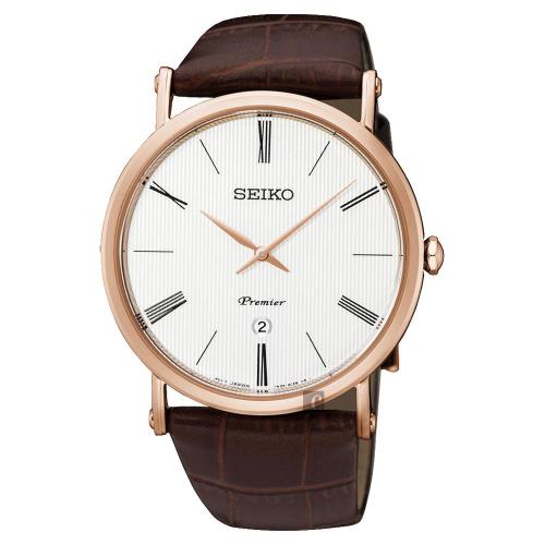 SEIKO 精工 Premier 超薄石英腕錶 銀x玫瑰金框 40mm 7N39-0CA0J SKP398J1