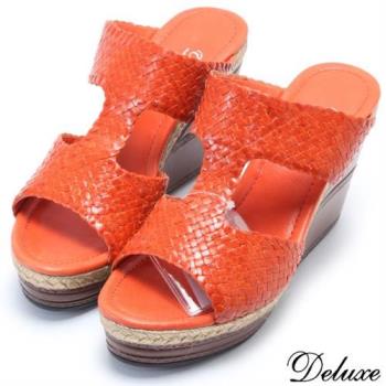 【Deluxe】全真皮亮麗時尚編織楔型拖鞋(橘)-006-1