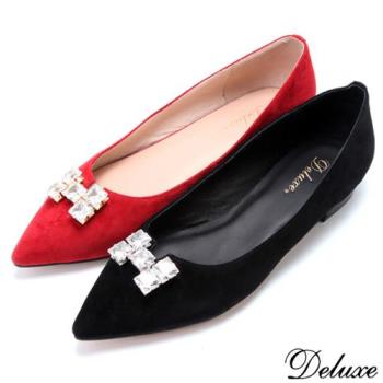 【Deluxe】全真皮優雅質感H字方形水鑽尖頭包鞋(紅-黑)-2645-12