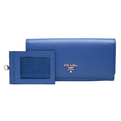 PRADA SAFFIANO METAL系列金色浮雕LOGO防刮牛皮雙釦長夾(藍-附車票夾)