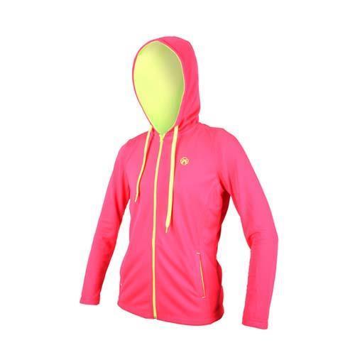 【FIRESTAR】女連帽吸溼排汗針織夾克-慢跑 路跑 連帽外套 粉紅螢光黃