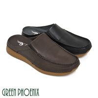 GREEN PHOENIX V型鬆緊帶真皮平底前包後空男拖鞋-(咖啡色、黑色)