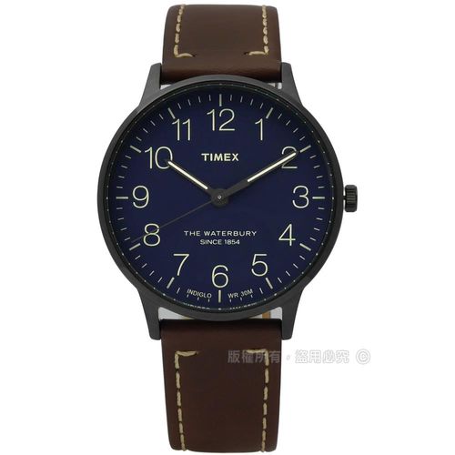 TIMEX 天美時/ TXTW2R25700 / INDIGLO 美國復古美學清晰面板真皮手錶 深藍x黑框x咖啡 40mm