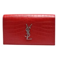 YSL 經典CLUTCH 系列銀色金屬LOGO小牛皮蛇紋手拿/晚宴包(紅色)