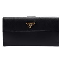 PRADA SAFFIANO系列金色三角LOGO防刮牛皮雙暗釦長夾(黑)