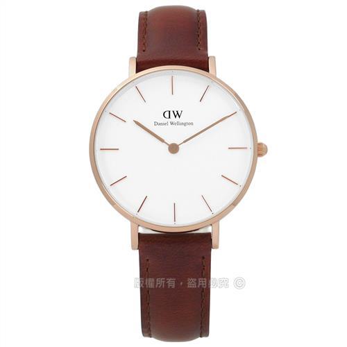 DW Daniel Wellington★贈玻璃膜 / DW00100175 / Classic Petite真皮手錶 白x玫瑰金框x咖啡 32mm