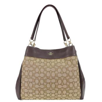 COACH 經典C LOGO織布皮革賈姬包(咖)