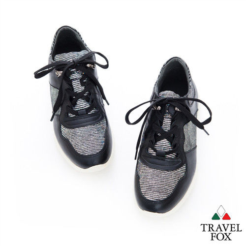 Travel Fox(女) 完美比例 時尚網紋牛皮運動休閒鞋 - 銀黑