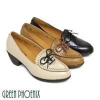 GREEN PHOENIX 唯美花邊雷射雕花綁帶全真皮粗跟牛津鞋-棕色、米色、黑色