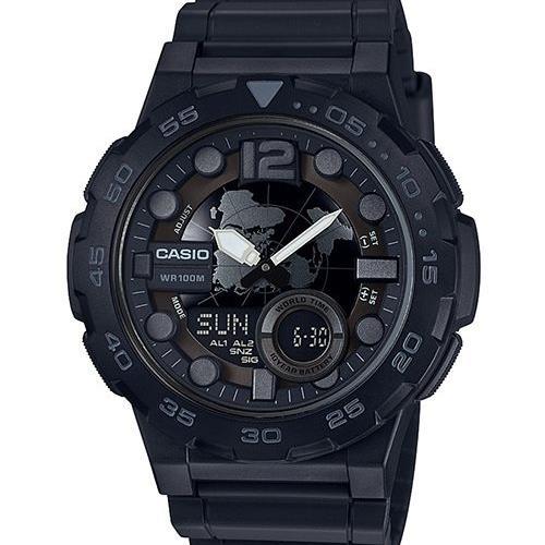 【CASIO】世界時間雙顯錶-黑x銀刻度 (AEQ-100W-1B)