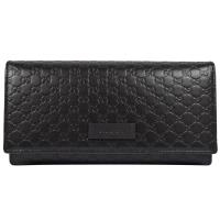 GUCCI 449396 經典小雙G LOGO皮革壓紋扣式長夾.黑
