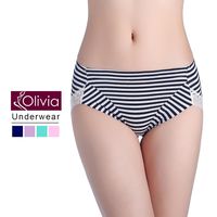 【Olivia】包臀條紋無痕蕾絲棉質中高腰內褲(深藍)