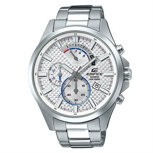 【CASIO】EDIFICE 內斂菱格紋經典風格三針三眼不鏽鋼腕錶-白 (EFV-530D-7A)