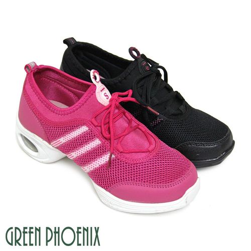 GREEN PHOENIX 邊條彈性萊卡綁帶透氣網布輕量氣墊排舞鞋-粉紅色、黑色