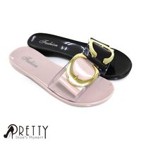 Pretty 時尚釦飾金屬造型透視感防水拖鞋-粉紅色、黑色