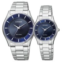 CITIZEN 星辰 光動能簡約石英對錶 藍x銀 36+27mm BJ6480-51L+EM0400-51L