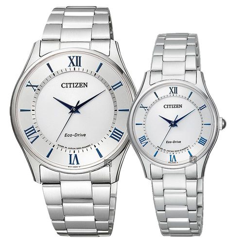 CITIZEN 星辰 光動能羅馬石英對錶 銀 36+27mm BJ6480-51B+EM0400-51B