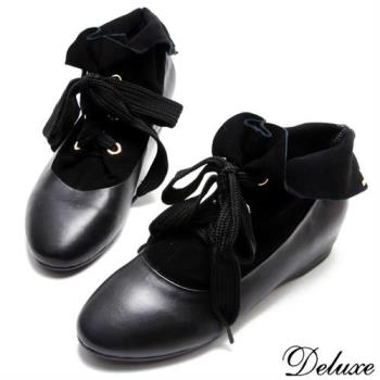 【Deluxe】全真皮魅力優雅拼接綁帶休閒靴(黑)-2068-2B