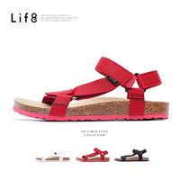Life8 - Casual 織帶 牛皮墊 可調式記憶涼拖鞋-黑色/白色/紅色-09625