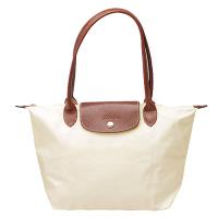 LONGCHAMP 新色上市長提把尼龍水餃包(中-淺棕白)