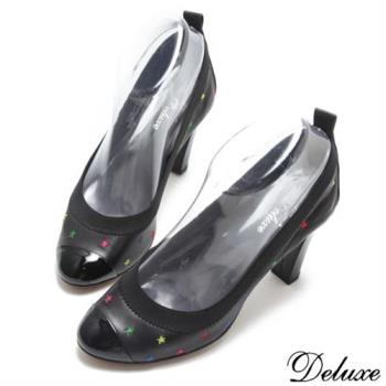 【Deluxe】全真皮繽紛星空造型拼接跟鞋(黑)-1030-1