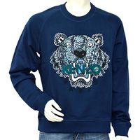 KENZO 老虎蛇紋刺繡印花綠字厚版純棉長袖圓領衫(深藍)