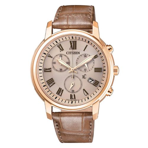 CITIZEN星辰 XC 光動能羅馬計時女錶-香檳金x褐色/38mm(FB1433-01P)