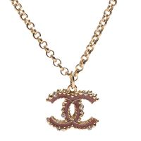 CHANEL 經典雙C LOGO圓珠飾邊水鑽鑲嵌項鍊(粉X金)