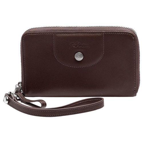 LONGCHAMP 經典LE PLIAGE CUIR系列小羊皮拉鍊中夾(咖啡-附掛腕)