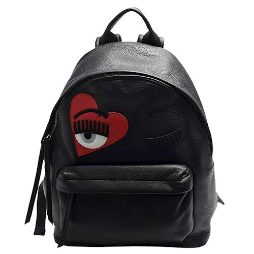 CHIARA FERRAGNI ZAINO系列眨眼LOGO愛心造型牛皮雙拉鍊後背包(黑)
